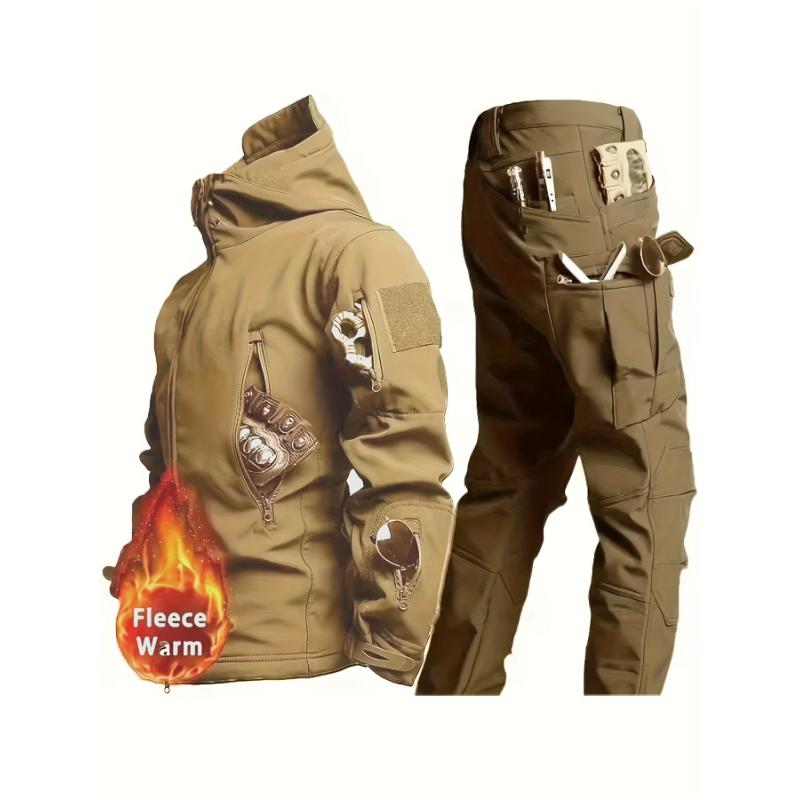 2-Piece Set, Water-Resistant Fleece-Lined Men's Hooded Jacket And Pants With Multiple Pockets For Outdoor And Sports Activities