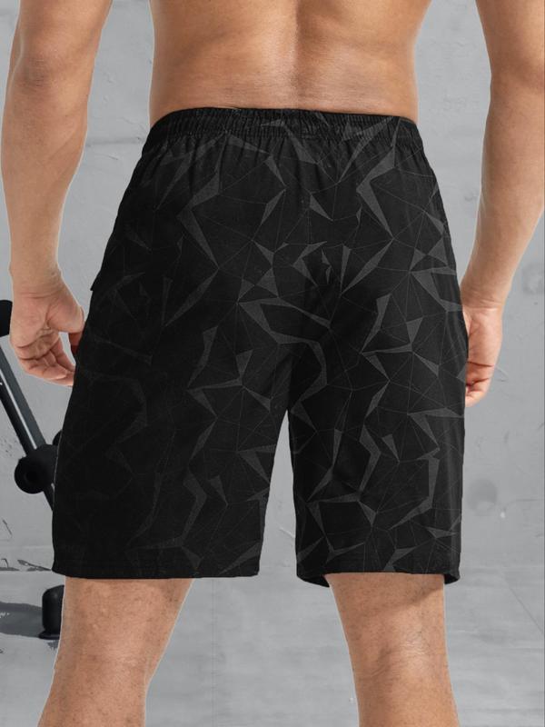 Men's All Over Geometric Print Drawstring Waist Sports Shorts, Gym Shorts, Regular Fit Sporty Zipper Pocket Shorts, Men's Summer Sportswear for Gym Fitness