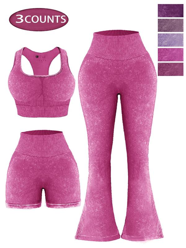 Three-Piece Set Women's Solid Square Neck Wireless Sports Bra & High Waist Flare Leg Leggings & Shorts Tracksuit Set, Sporty Outfits for Yoga Gym Running, Ladies Sportswear