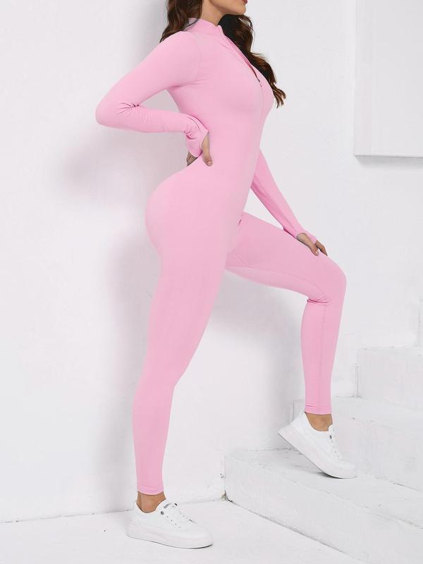 Women's Solid Zip Up Thumb Hole Long Sleeve Sports Jumpsuit, Sporty Comfy Tight-fitting Jumpsuit for Yoga Gym Workout, Ladies Sportswear for Spring & Fall