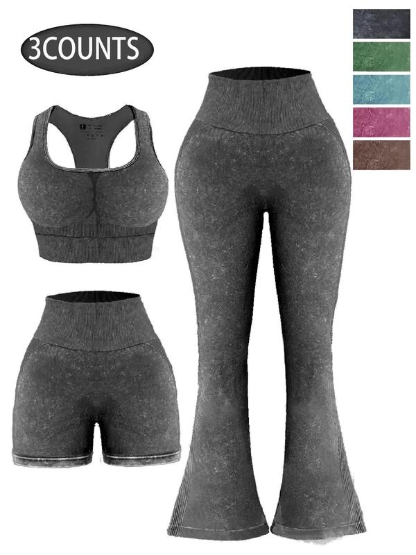 Three-Piece Set Women's Solid Square Neck Wireless Sports Bra & High Waist Flare Leg Leggings & Shorts Tracksuit Set, Sporty Outfits for Yoga Gym Running, Ladies Sportswear