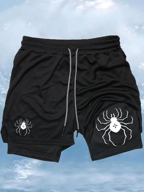 Men's Spider Print 2 in 1 Drawstring Waist Athletic Sports Shorts, Fall Outfits, Fallfreshness Casual Sporty Regular Fit Quick Drying Breathable Sports Shorts, Gym Shorts, Men Sports Shorts for Gym Workout Running