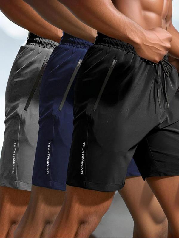 Men's Summer Letter Print Zipper Pocket Track Athletic Sports Shorts, Summer Clothes, Quick Drying Breathable Drawstring Sports Shorts, Mens Clothing, Going Out Outfit, Comfort Shorts for Men, Back To School Outfits