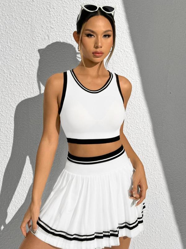 Women's Contrast Binding Crop Tank Top & High Waist Skort Sports Set, Sporty Scoop Neck Sleeveless Top & Pleated Skort, Ladies Summer Sportswear