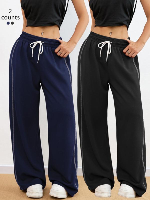 Women's Drawstring Waist Sports Joggers,  Track Pants, Sporty Contrast Binding Wide Leg Trousers for Daily Outdoor Wear, Ladies Sportswear for All Seasons, Fall Outfits 2024