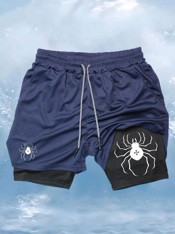 Men's Spider Print 2 in 1 Drawstring Waist Athletic Sports Shorts, Fall Outfits, Fallfreshness Casual Sporty Regular Fit Quick Drying Breathable Sports Shorts, Gym Shorts, Men Sports Shorts for Gym Workout Running