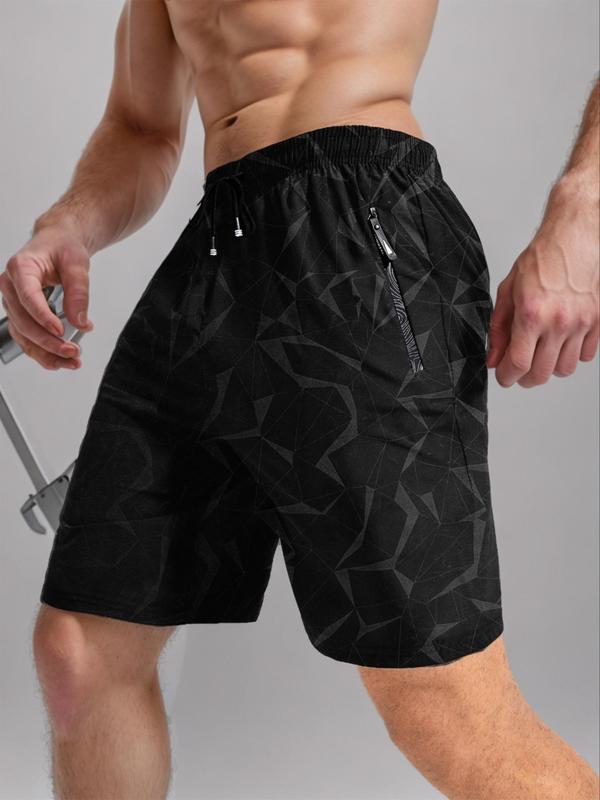 Men's All Over Geometric Print Drawstring Waist Sports Shorts, Gym Shorts, Regular Fit Sporty Zipper Pocket Shorts, Men's Summer Sportswear for Gym Fitness