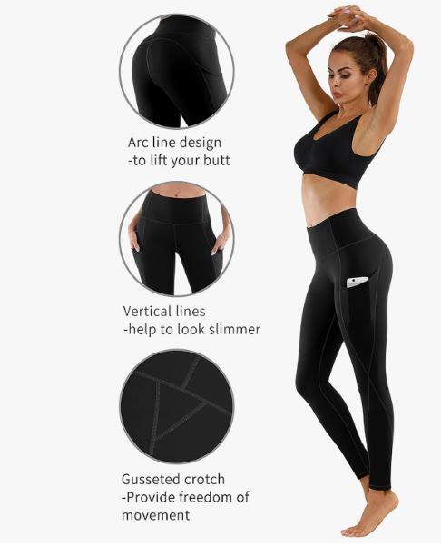 High Waist Yoga Pants with Pockets, Tummy Control Leggings, Workout 4 Way Stretch Yoga Leggings