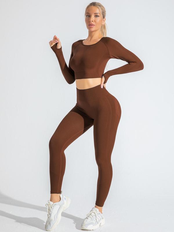 Two-Piece Set Women's Solid Cut Out Raglan Sleeve Crop Top & High Waist Leggings Tracksuit Set, Sporty Breathable Comfy Outfits for Yoga Gym Workout Running, Ladies Sportswear for All Seasons