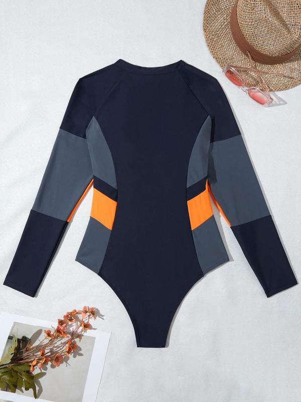 Women's Colorblock Raglan Sleeve Zipper Mock Neck Swimsuit, Sporty Long Sleeve One-piece Swimwear for Summer, Ladies Racing Swimwear for Swimming