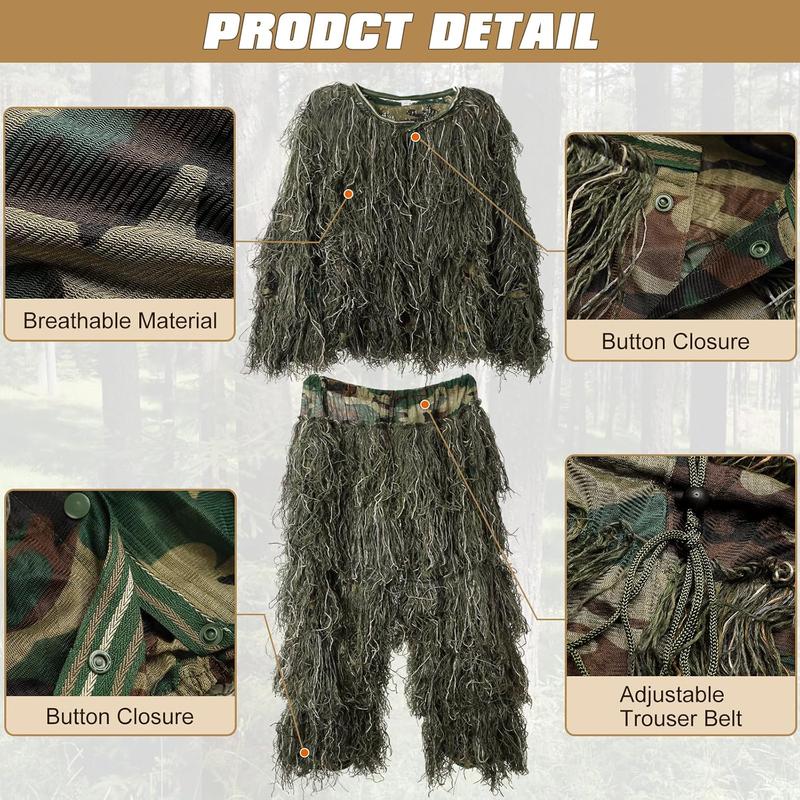 DoCred 5 in 1 Ghillie Suit, 3D Camouflage Hunting Apparel w Jacket, Pants, Hood, Carry Bag for Adults Youth, S M L XL XXL