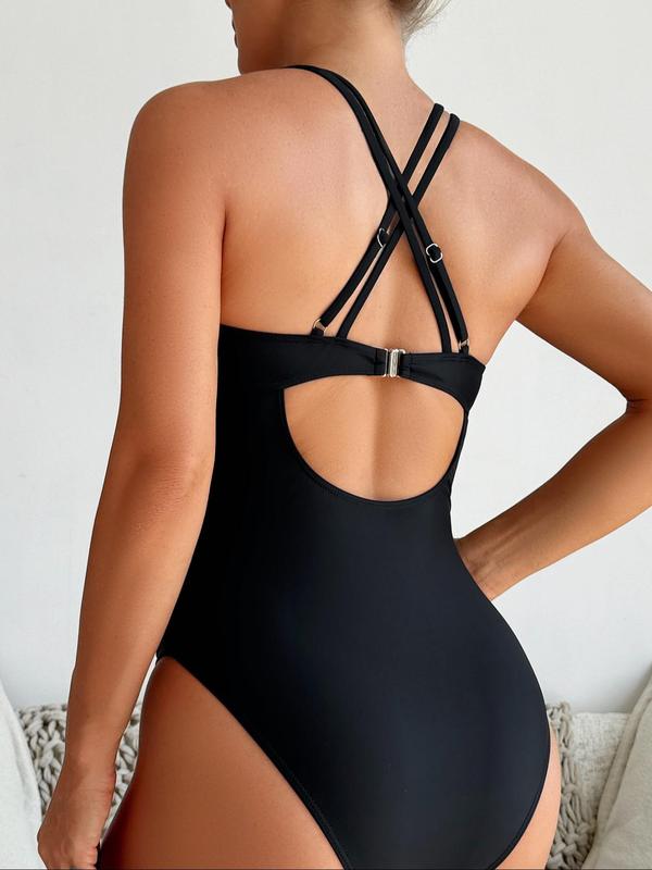 Women's Colorblock Criss Cross Backless One-piece Swimsuit, Casual V Neck Ruched Swimwear for Beach Holiday Vacation, Ladies Swimsuit for All Seasons