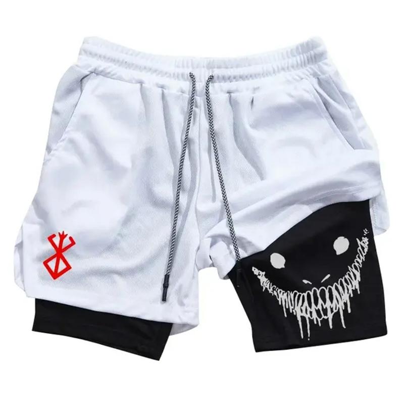 Men's Anime Gym Shorts 2-in-1 Double Layer Shorts Men's Alphabet Print Quick Drying ShortsCasual Zipped Pockets Waist Drawstring Shorts For Summer Gym Workout Training