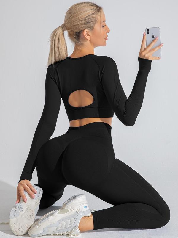 Two-Piece Set Women's Solid Cut Out Raglan Sleeve Crop Top & High Waist Leggings Tracksuit Set, Sporty Breathable Comfy Outfits for Yoga Gym Workout Running, Ladies Sportswear for All Seasons