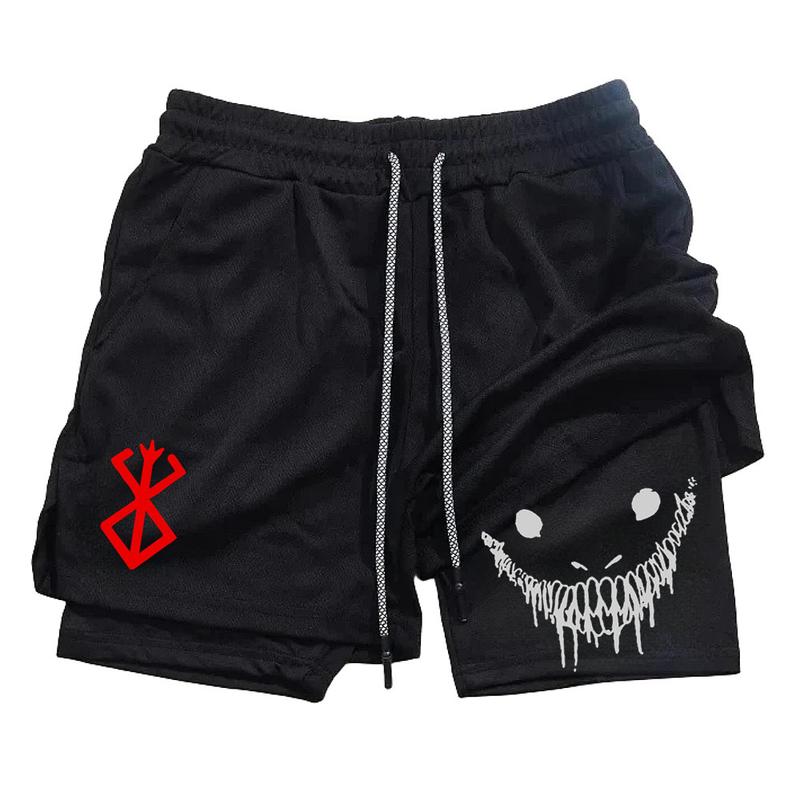 Men's Anime Gym Shorts 2-in-1 Double Layer Shorts Men's Alphabet Print Quick Drying ShortsCasual Zipped Pockets Waist Drawstring Shorts For Summer Gym Workout Training