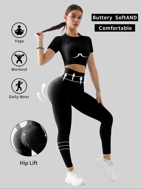 Two-piece Set Women's Solid Tracksuit Set, Sporty Raglan Sleeve Crop Top & High Waist Leggings, Two Piece Sets Tracksuits, Summer Clothes Women, Comfy Breathable Outfits for Yoga Gym Workout, Tracksuits for Women, Minimalistic Outfit Jogging Suit Set