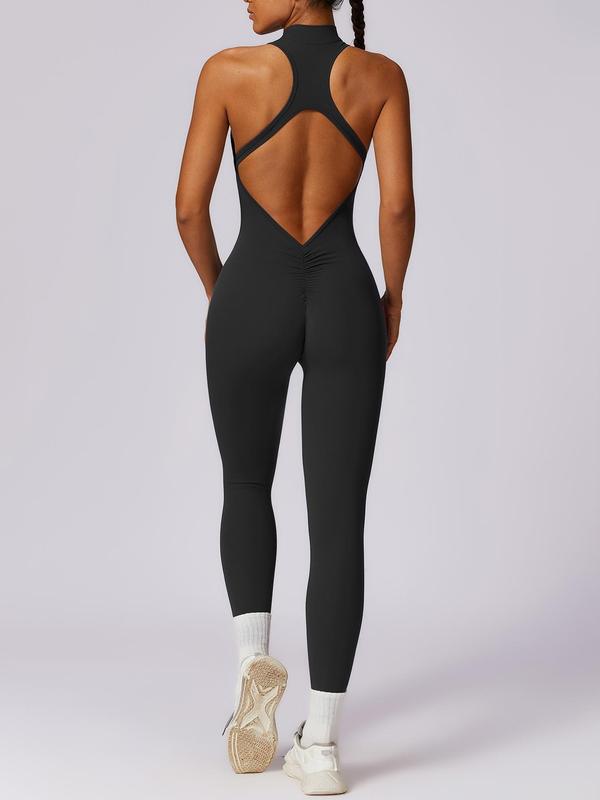 Women's Solid Cut Out Backless Ruched Sports Tummy Control Jumpsuit, High Waist Zipper Mock Neck Sleeveless Bodycon Jumpsuit for Workout Gym Yoga, Ladies Sportswear for Indoor Outdoor Wear, Outdoor Clothing