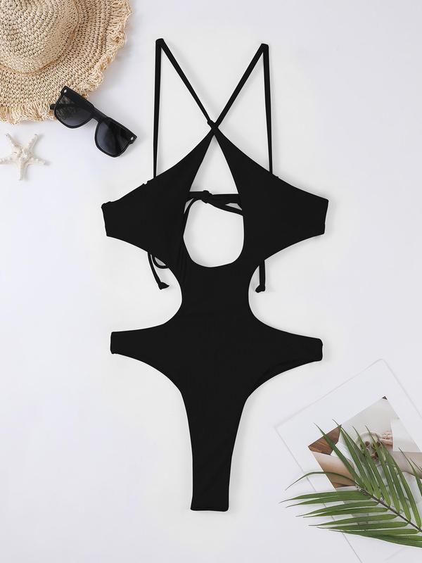 Women's Plain Criss Cross Cut Out Backless One-piece Swimsuit, Solid Spaghetti Strap Tie Back Swimwear, Bathing Suits 2024 for Women, Sexy Summer Swimsuit, Ladies Swimsuit for Beach Holiday Vacation