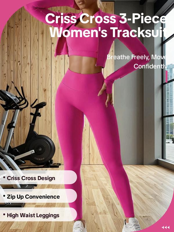 Three-Piece Set Women's Solid Criss Cross Crop Tank Top & High Waist Leggings & Zip Up Crop Jacket Tracksuits Set, Breathable Comfy Outfits for Yoga Gym Workout Running, Ladies Sportswear for All Seasons Fall Outfits