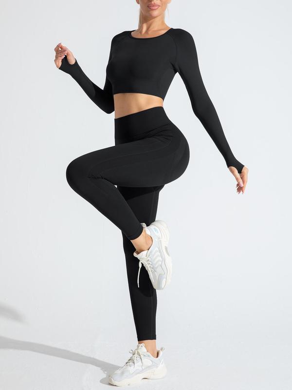 Two-Piece Set Women's Solid Cut Out Raglan Sleeve Crop Top & High Waist Leggings Tracksuit Set, Sporty Breathable Comfy Outfits for Yoga Gym Workout Running, Ladies Sportswear for All Seasons