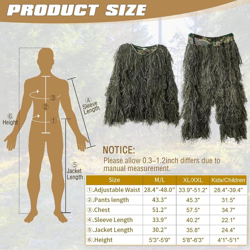 DoCred 5 in 1 Ghillie Suit, 3D Camouflage Hunting Apparel w Jacket, Pants, Hood, Carry Bag for Adults Youth, S M L XL XXL