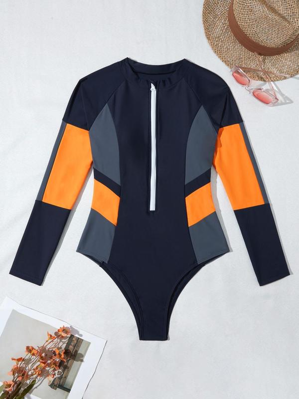 Women's Colorblock Raglan Sleeve Zipper Mock Neck Swimsuit, Sporty Long Sleeve One-piece Swimwear for Summer, Ladies Racing Swimwear for Swimming