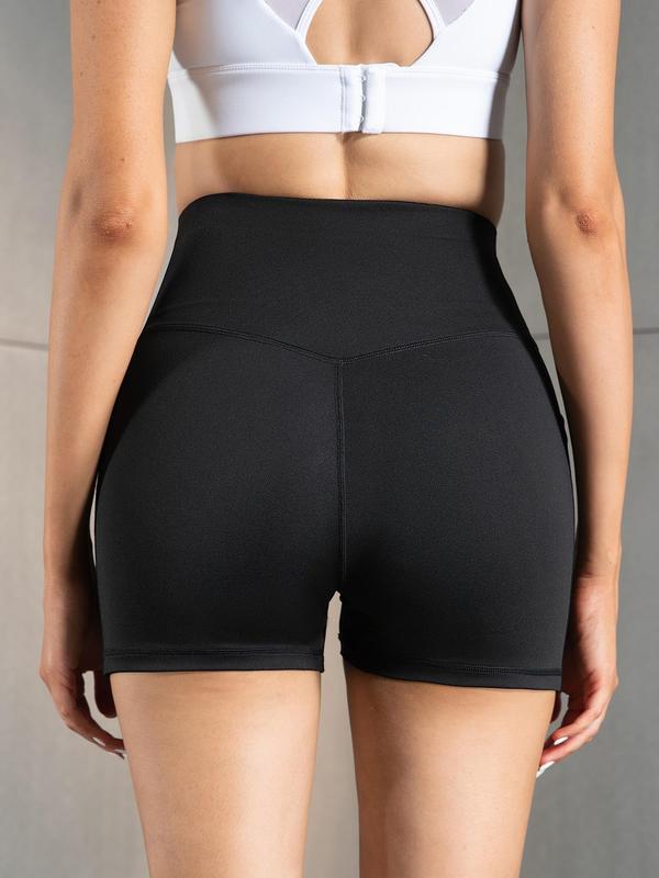 Women's Solid High Waist Sports Shorts, Gym Shorts, Breathable Overlap Waist Skinny Shorts, Ladies Sportswear for Gym Yoga Workout