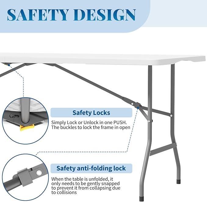 6ft Folding Table with Handle & Safety Locks - Portable Picnic & Camping Table, Indoor Outdoor Dining & Work Table for Weddings & Parties Plastic Construction