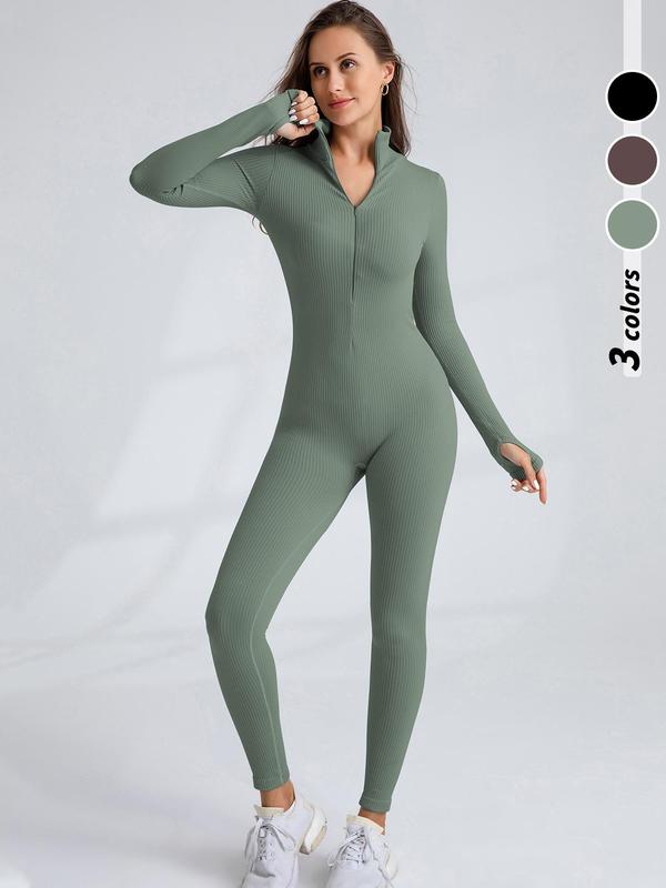 Women's Solid Thumb Hole Mock Neck Sports Jumpsuit, Casual Sporty Long Sleeve Zipper Jumpsuit for Yoga Gym Workout, Ladies Sportswear for All Seasons