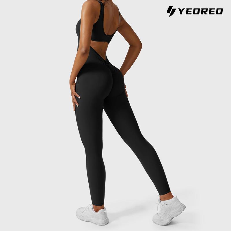 YEOREO Sleeveless Jumpsuits for Women Sexy Backless Gym Bodycon Lizvette V Back Scrunch Butt Rompers gym outfit athlete