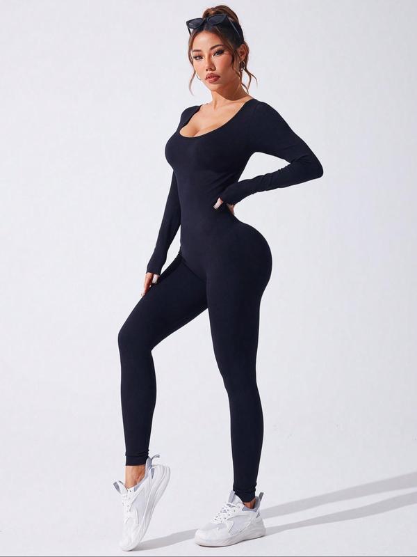 Women's Solid Long Sleeve Scoop Neck Sports Jumpsuit, Casual Comfy Bodycon Jumpsuit for Yoga Gym Workout, Ladies Sportswear for All Seasons