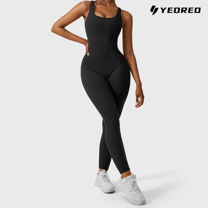 YEOREO Sleeveless Jumpsuits for Women Sexy Backless Gym Bodycon Lizvette V Back Scrunch Butt Rompers gym outfit athlete