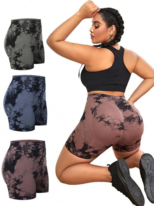 Plus Size Tie Dye Print Sports Shorts, Casual Comfy Breathable Seamless Skinny Shorts for Yoga Gym Workout, Women's Sport & Outdoor Clothing for All Seasons