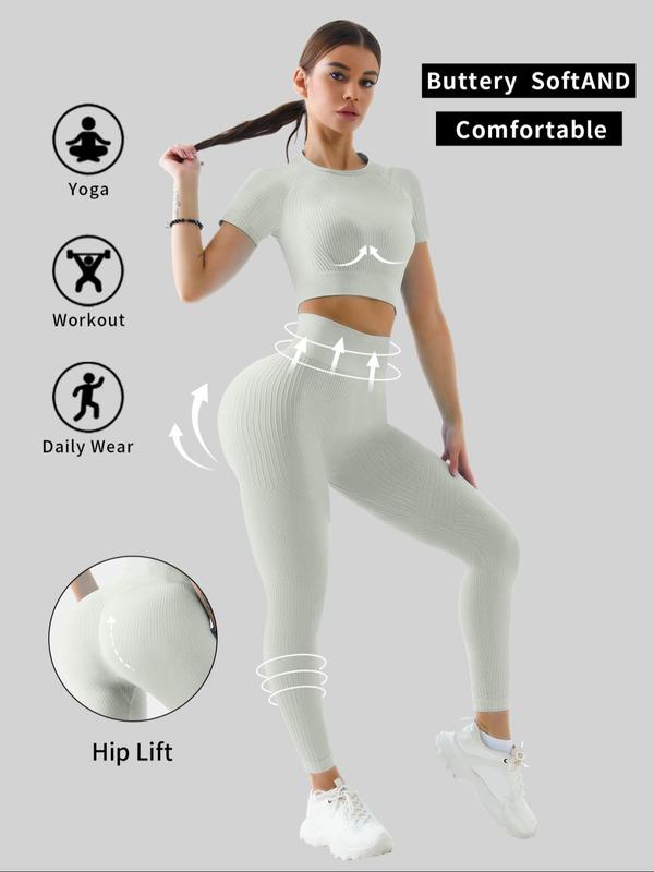 Two-piece Set Women's Solid Tracksuit Set, Sporty Raglan Sleeve Crop Top & High Waist Leggings, Two Piece Sets Tracksuits, Summer Clothes Women, Comfy Breathable Outfits for Yoga Gym Workout, Tracksuits for Women, Minimalistic Outfit Jogging Suit Set