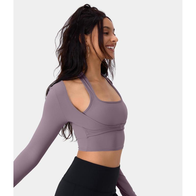 Halara Softlyzero plush Halter Thumb Hole Long Sleeve Cropped 2-in-1 Yoga Sports Top