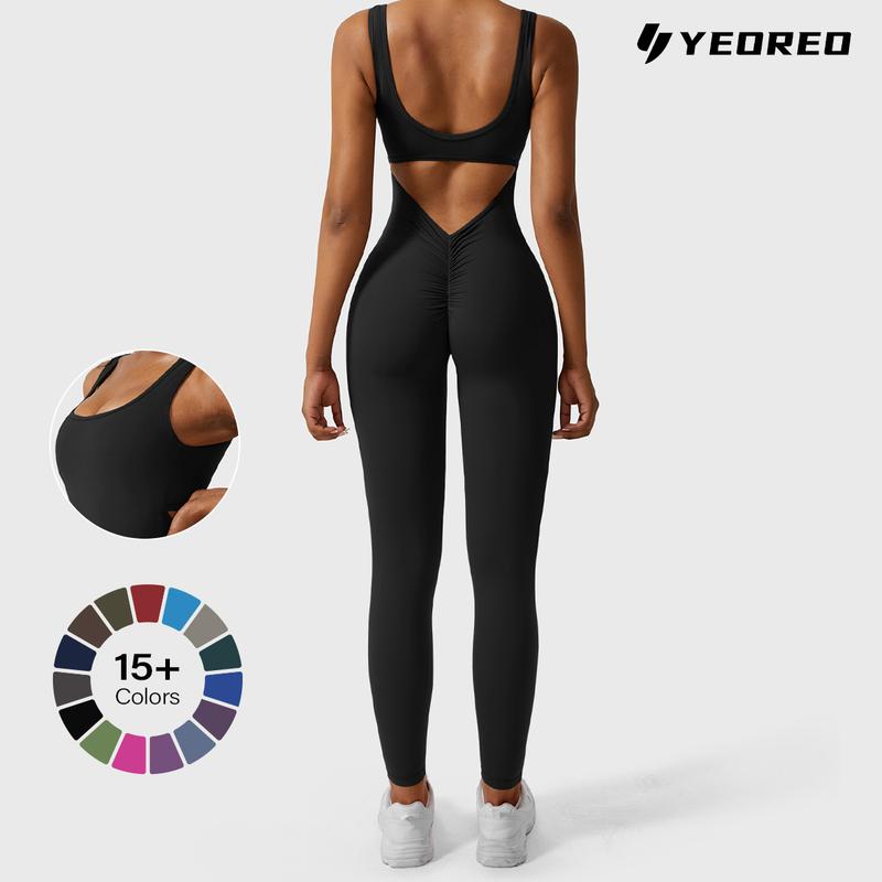 YEOREO Sleeveless Jumpsuits for Women Sexy Backless Gym Bodycon Lizvette V Back Scrunch Butt Rompers gym outfit athlete