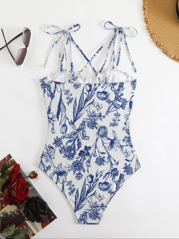 Women's Floral Print Tie Shoulder One-piece Swimsuit, Boho Criss Cross Sleeveless Spaghetti Strap Swimwear for Beach Holiday Vacation, Ladies Summer Clothes