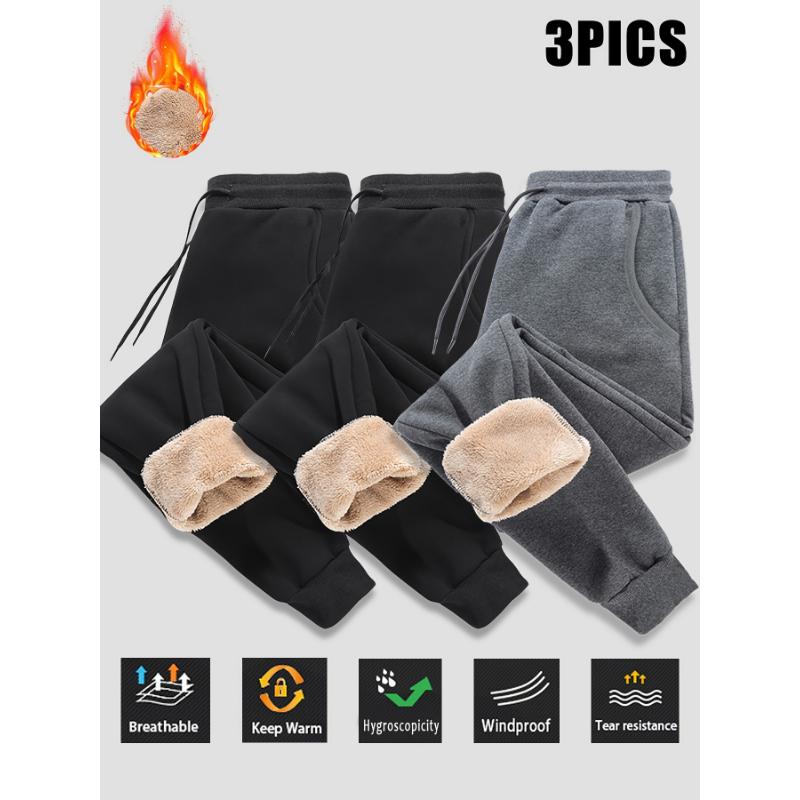 3pcs Thickened Waterproof Men's Solid Color Fleece Lining Warm Jogger Sweatpants With Drawstrings Comfy Outdoor Sports Trousers