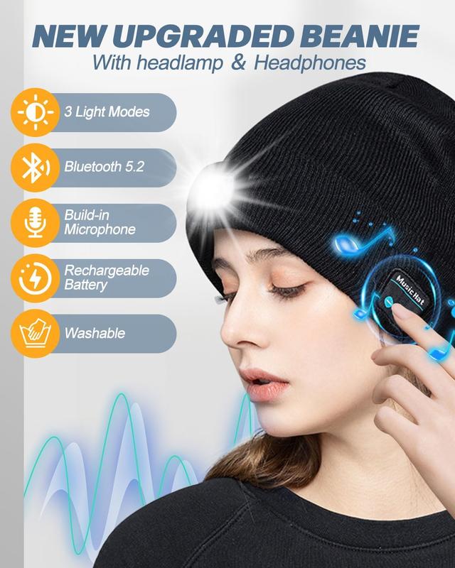 Bluetooth Beanie with LED Headlight and Removable Speakers, USB Rechargeable Knit warm winter Hat balaclava Hat for Music and Calling, sport,outdoor,Unisex Christmas Birthday Gift