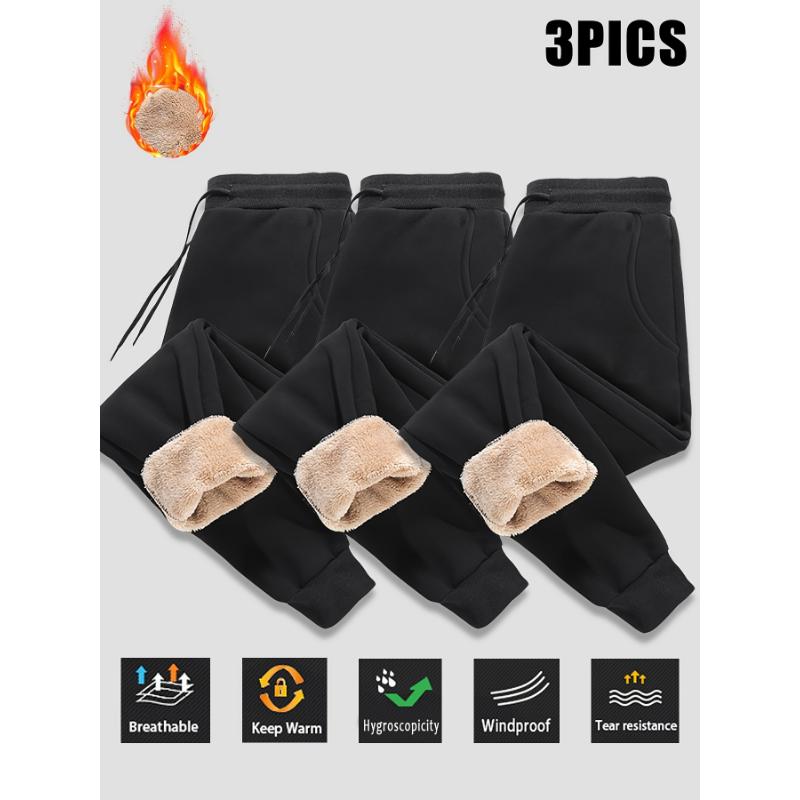 3pcs Thickened Waterproof Men's Solid Color Fleece Lining Warm Jogger Sweatpants With Drawstrings Comfy Outdoor Sports Trousers