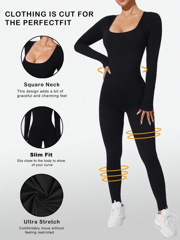 Women's Solid Long Sleeve Square Neck Sports Jumpsuit, Casual Comfy Bodycon Jumpsuit for Yoga Gym Workout, Ladies Sportswear for All Seasons