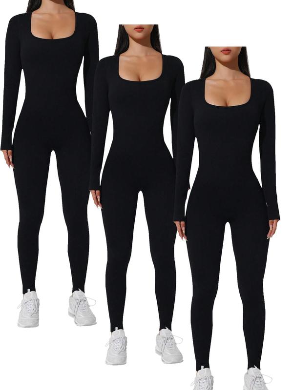 Women's Solid Long Sleeve Square Neck Sports Jumpsuit, Casual Comfy Bodycon Jumpsuit for Yoga Gym Workout, Ladies Sportswear for All Seasons