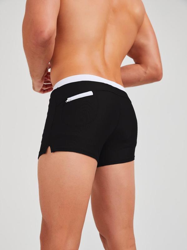 Men Swim Trunks, Men's Colorblock Trim Tie Front Split Swim Shorts, Casual Pocket Zipper Grommet Eyelet Swim Bottoms, Men's Swimwear for Summer