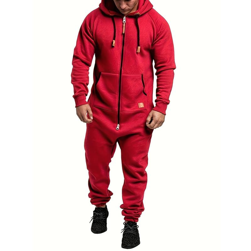 Men's Jumpsuit Drawstring Hoodie Full Zip Sportswear with Pockets, Men's Hooded Suede Jumpsuit, Long Sleeve Full Zip Jumpsuit Band