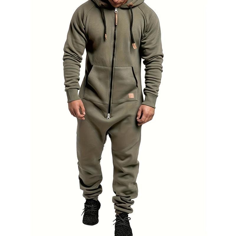 Men's Jumpsuit Drawstring Hoodie Full Zip Sportswear with Pockets, Men's Hooded Suede Jumpsuit, Long Sleeve Full Zip Jumpsuit Band