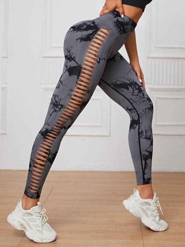 Women's Tie Dye Print Cut Out High Waist Sports Leggings, Casual Comfy Breathable Skinny Pants for Yoga Gym Workout Running, Ladies Sportswear for All Seasons, Tummy Control