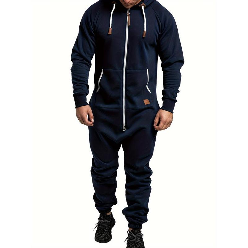 Men's Jumpsuit Drawstring Hoodie Full Zip Sportswear with Pockets, Men's Hooded Suede Jumpsuit, Long Sleeve Full Zip Jumpsuit Band