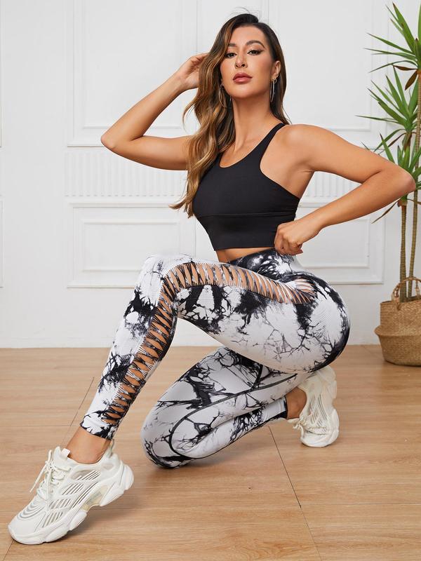 Women's Tie Dye Print Cut Out High Waist Sports Leggings, Casual Comfy Breathable Skinny Pants for Yoga Gym Workout Running, Ladies Sportswear for All Seasons, Tummy Control