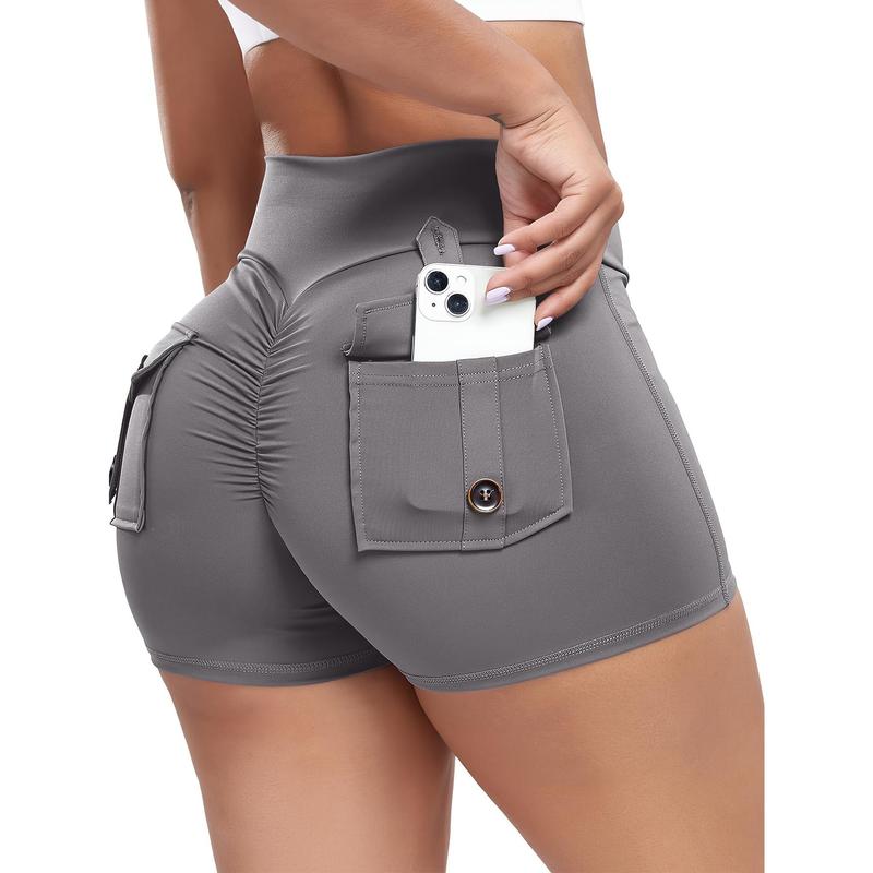 For Women with Pocket Shorts Tight Butt Workout Cargo Shorts V Waist Yoga Booty Lift Gym Bottom, Solid Color