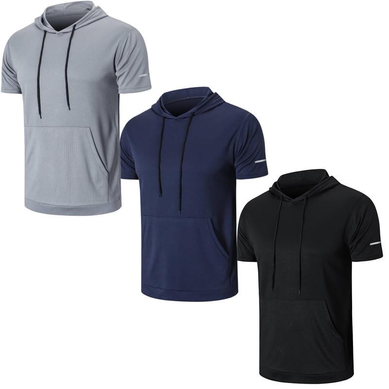 Hot!!! Men's 3 Pack Workout Shirts quick drying Moisture Wicking Short Sleeve Mesh Athletic T-Shirts with Hoodeds (with hood)